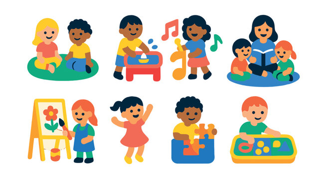 Flat vector icons of children&rsquo;s activities: playgroup icon, water play, musical time, story circle, painting class, dance day, puzzle time, activity tray.