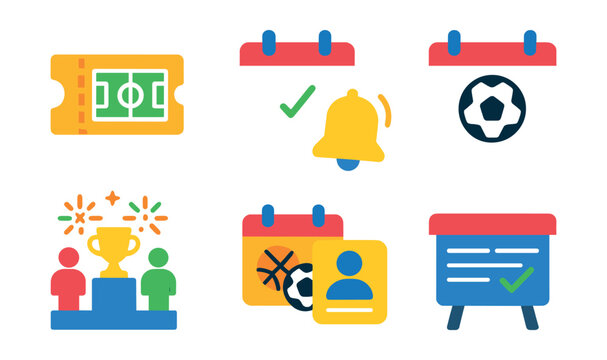 Flat vector icons of sports events and calendars: event ticket, match calendar, reminder bell, match day icon, opening ceremony, sports weekend, registration icon, schedule board.