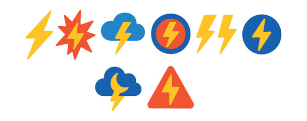 Flat vector icons of lightning and energy: sharp lightning bolt, strike icon, electric cloud, power surge, night lightning, double bolt, danger zone, flash symbol.