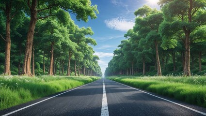 Fototapeta premium A long, straight road lined with tall trees, leading into a bright, sunny forest.