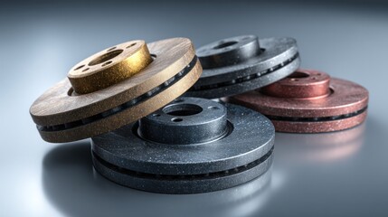 Obraz premium Automotive brake discs in various metallic colors presented on a reflective surface