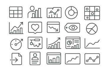 Line style icons of data and user insights: data tile icon, audience behavior chart, analytics overlay, engagement breakdown, content heatmap, follower trend graph, social pulse icon, bounce rate
