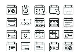 Line style icons of calendar views and project timelines: project calendar icon, event date tag, meeting schedule tile, sprint calendar layout, phase calendar badge, Gantt chart view, delivery