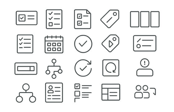 Line style icons of task management and productivity: task card icon, checklist layout, action item sheet, sprint task tag, kanban column, to-do list tile, daily task tracker, task status badge, tag