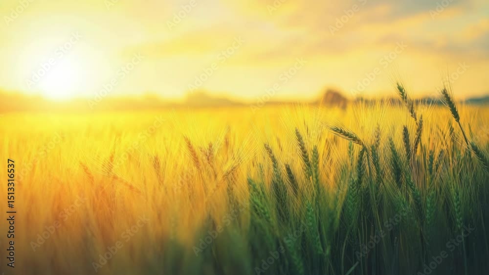 Poster a serene scene of a field with the sun setting in the background, perfect for use in outdoor or natu