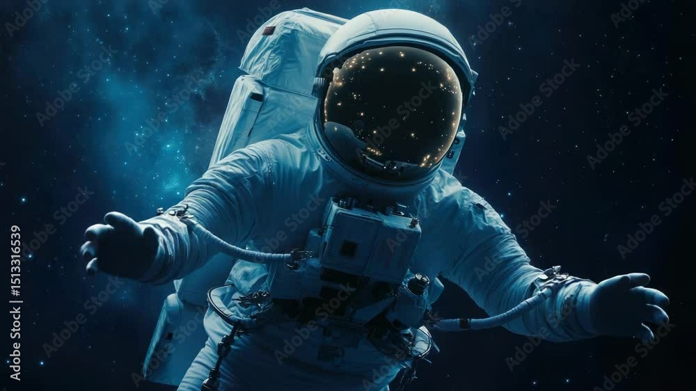 Poster astronaut in a space suit standing in front of stars, representing exploration and adventure