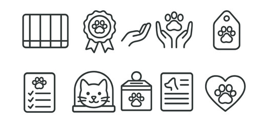 Line style icons of pet adoption and rescue: shelter cage, adoption badge, volunteer hand, rescue paw icon, adopt don’t shop tag, new pet checklist, rescued animal sticker, shelter donation box, pet