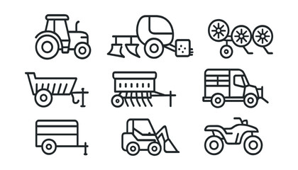Line style icons of tractors and small machinery: tractor, plow, baler, hay rake, manure spreader, seed drill, livestock trailer, compact loader, irrigation pump, quad bike.