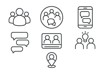 Line style icons of social media: group chat icon, discussion circle badge, comment exchange screen, message thread layout, debate in feed symbol, social idea sharing, chat pin icon.