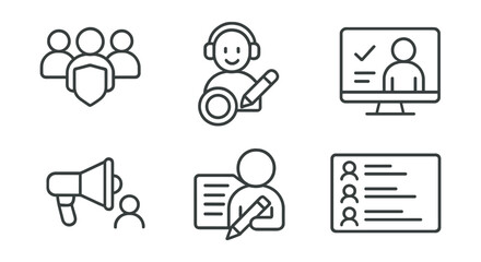 Line style icons of social media: social media team icon, community manager badge, content writer symbol, moderator panel screen, outreach role tag, creative squad layout, group roles board.