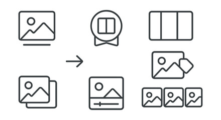 Line style icons of social media: gallery post icon, carousel viewer badge, multiple media layout, swipe left indicator, album cover screen, grouped post tag, photo set preview.