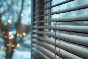Window blinds with blurred winter scenery and festive lights in the background