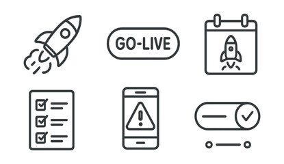 Line style icons of project management: project launch icon, go-live button badge, release day panel, task completion checklist, launch alert screen, pre-launch status bar, milestone completion