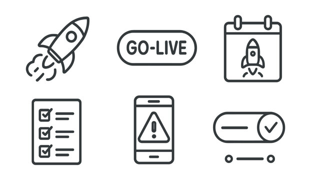 Line style icons of project management: project launch icon, go-live button badge, release day panel, task completion checklist, launch alert screen, pre-launch status bar, milestone completion