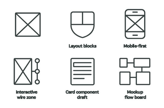 Line style icons of business innovation: low-fidelity wireframe icon, layout blocks badge, mobile-first sketch screen, interactive wire zone, card component draft, content placeholder grid, mockup
