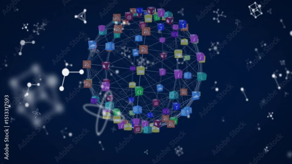 Poster scattered cubes shifting merging and folding into rotating cube sphere showing data connection