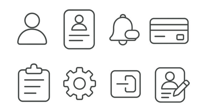 Line style icons of delivery app UI: profile page icon, personal info screen, notification settings tab, saved payment methods, order history access, app preferences icon, logout button, edit profile