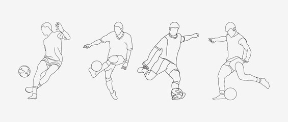 Outline vector of Football Bicycle Kick Action. Football or soccer player line art. Black and white art. Vector illustration. Continue line of soccer player.