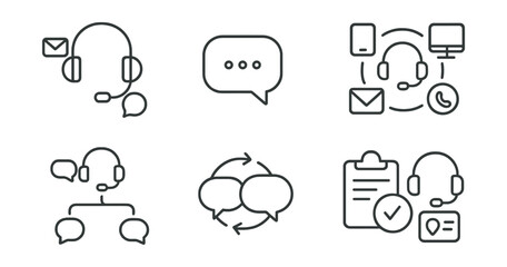 Fototapeta premium Line style icons of customer service: multi-channel support icon, chat app bubble, email + phone badge, cross-platform help symbol, omni-support flow, sync conversation icon, touchpoint tracker,