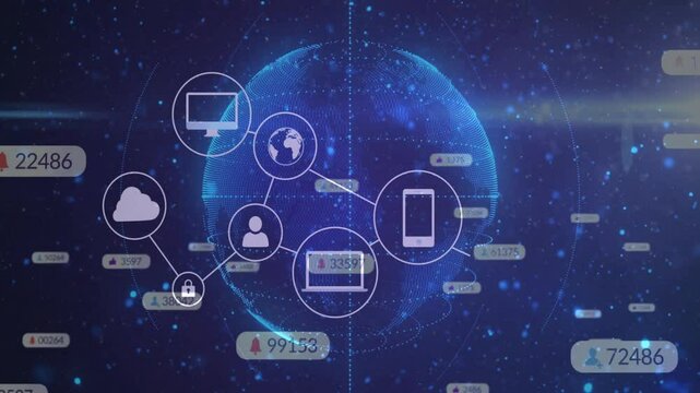 Rotating digital globe initiating icon linking and drifting metrics visualizing expanding network - Powered by Adobe