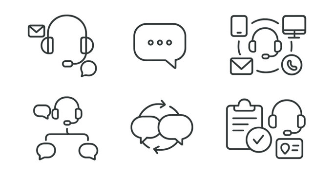Line style icons of customer service: multi-channel support icon, chat app bubble, email + phone badge, cross-platform help symbol, omni-support flow, sync conversation icon, touchpoint tracker,