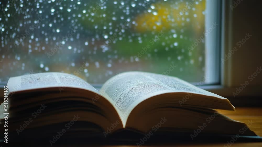 Poster a person sitting by a window reading a book, possibly relaxing or studying