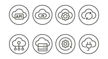 Line style icons of cloud technology: API cloud icon, integration badge, cloud with gear symbol, cloud automation loop, cloud connector node, backend service icon, custom setup ring, cloud plugin
