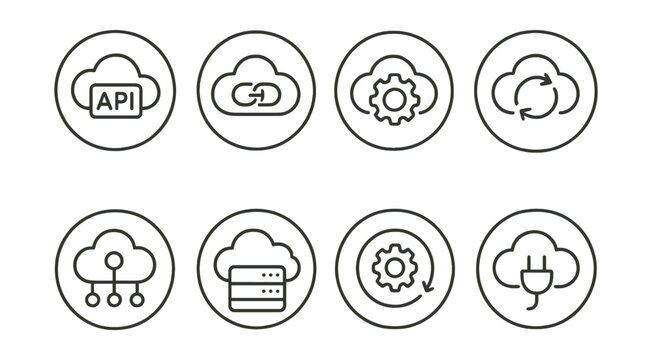 Line style icons of cloud technology: API cloud icon, integration badge, cloud with gear symbol, cloud automation loop, cloud connector node, backend service icon, custom setup ring, cloud plugin