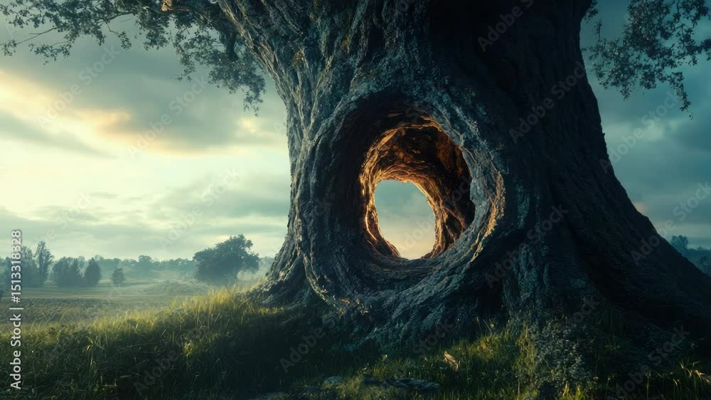 Poster A large tree with a hole in its trunk