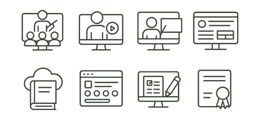 Line style icons of digital education: virtual classroom icon, video lesson, shared screen, learning management system, online quiz, cloud textbook, remote test, digital certificate.