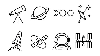 Line style icons of astronomy and space: telescope, planet ring, moon phases, star constellation, rocket launch, satellite in orbit, astronaut helmet, space station.