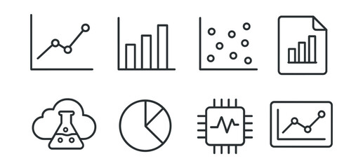 Line style icons of scientific data: line graph, bar chart, scatter plot, data set file, cloud storage for research, statistics icon, data processing chip, analytics dashboard.