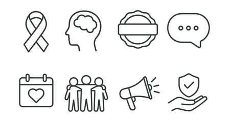 Line style icons of mental health awareness: awareness ribbon, open mind symbol, stigma-free badge, talk about it bubble, mental health day, community support icon, campaign megaphone, safe sharing
