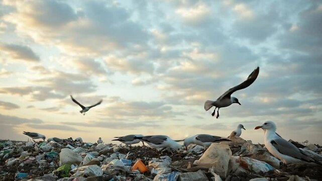 Seagulls flying and searching for food in a landfill at sunset