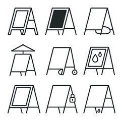 A-frame Sign Icons. Outline icon set of outdoor A-frame display stand: sidewalk sign, chalkboard insert, sandbag weight, umbrella