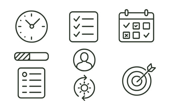 Line style icons of personal productivity: time management clock, checklist icon, focus badge, calendar with tasks, progress bar, day planner, daily routine, goal tracker. - Powered by Adobe