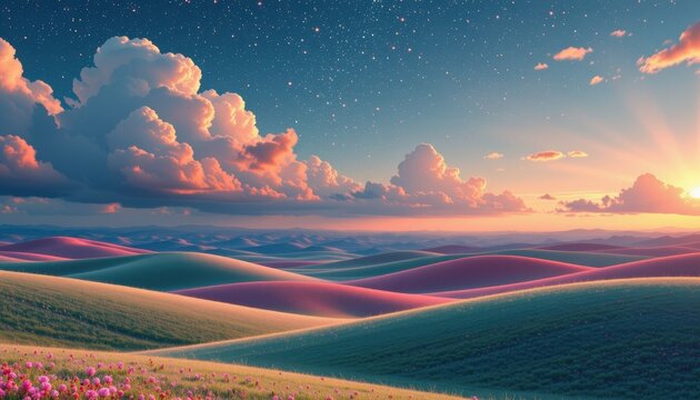 dreamlike field of pastel colored hills, sky raining glowing stars and clouds drifting in unnatural patterns