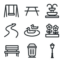 Community Park Icons. Outline icon set of community park spaces: playground swing, picnic table, fountain, walking path, pond with