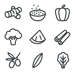 Anti-Inflammatory Diet Icons. Outline icon set of anti-inflammatory diet: turmeric root, chia seeds, bell pepper, broccoli floret,