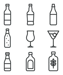 Outline Aperitifs Icons. Outline icon set of aperitifs and digestifs: Campari, Aperol, vermouth, bitters bottle, soda water,