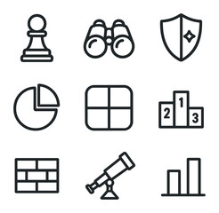 Competitive Analysis Icons. Outline icon set of competitor landscape: chess pawn, magnifying binoculars, rival shield, market