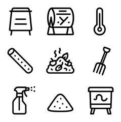 Composting Techniques Icons. Outline icon set of composting techniques: compost bin, tumbler unit, temperature gauge, aeration