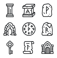 Arcane Runes Icon Set. Outline icon set of arcane runes and ruins: stone pillar, broken altar, rune tablet, shattered arch, glyph
