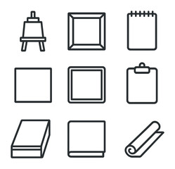 Art Supplies Icon Set. Outline icon set of easel and surfaces: wooden easel, canvas frame, paper pad, panel board, glass surface,
