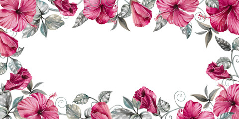 Hibiscus dark pink flowers, gray silver leaves and branches and liana hand drawn watercolor illustration isolated on white. Bright rectangular frame template for gloomy designs, cards, invitations