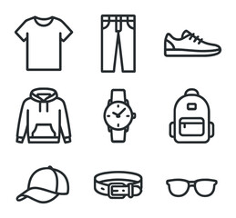Casual Outfit Icon Set. Outline icon set of casual dress code: t-shirt, jeans, sneakers, hoodie, watch, backpack, cap, belt,