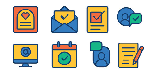 Flat vector icons of invitations and RSVPs: invitation card, RSVP envelope, reply form, guest reply icon, invitation email, calendar save, event reminder, guest note.