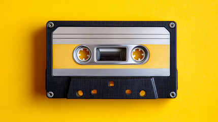 Obraz premium Vintage Cassette Tape on Bright Yellow Background Symbolizing Nostalgia and Music
