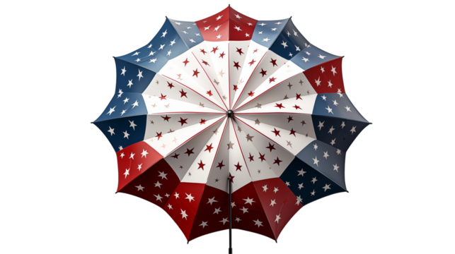 Stars & stripes umbrella, patriotic rain accessory, red-white-blue design, July 4th festive summer style, isolated on transparent background.