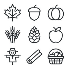 Autumn Icons Grid. Outline icon set of autumn harvest patchwork blanket: maple leaf, acorn, pumpkin, wheat sheaf, pinecone, apple,